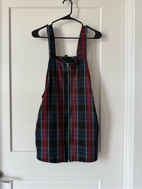 Plaid Pinafore Dress with Front Zip - Red & Blue